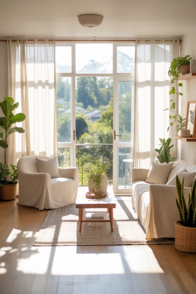 Window-focused living room without a TV with furniture facing large windows and natural light