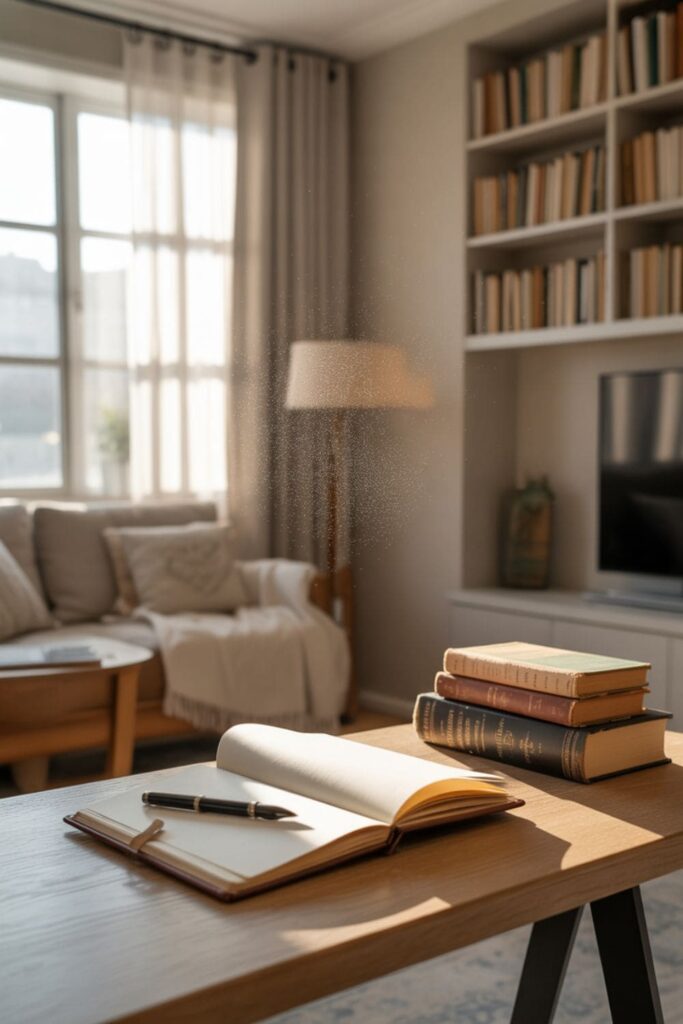 Writing and thinking living room without a TV with desk, books, and natural light