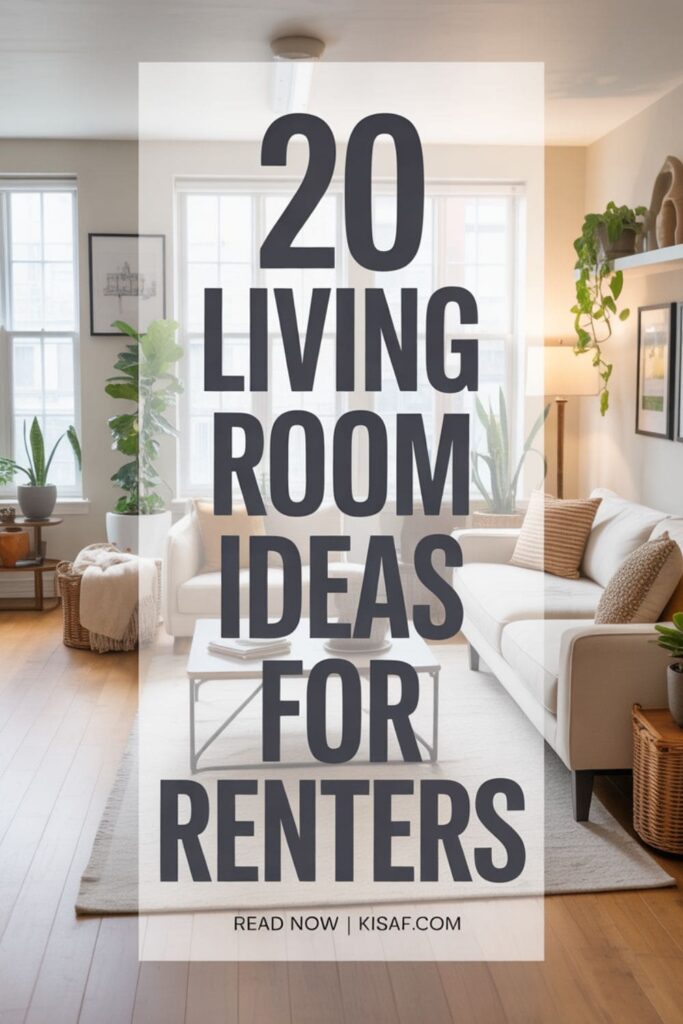 a pinterest style image with a text overlay _20 Living Room Ideas For Renters_, and _Read Now _ Kisaf.com_ at the bottom