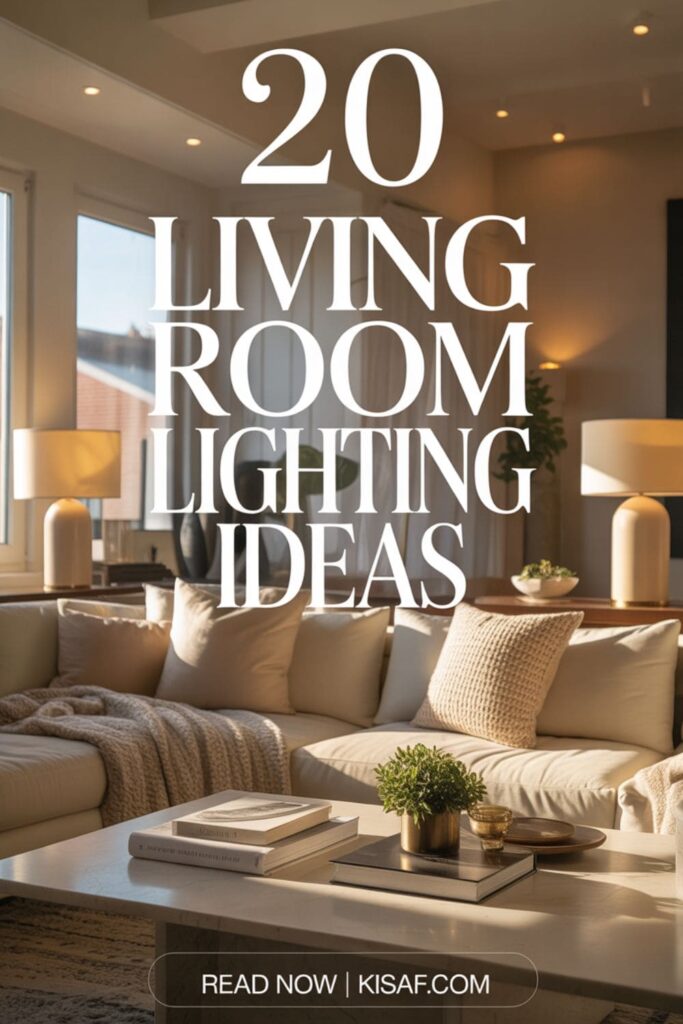 a pinterest style image with a text overlay _20 Living Room Lighting Ideas_, and _Read Now _ Kisaf.com_ at the bottom