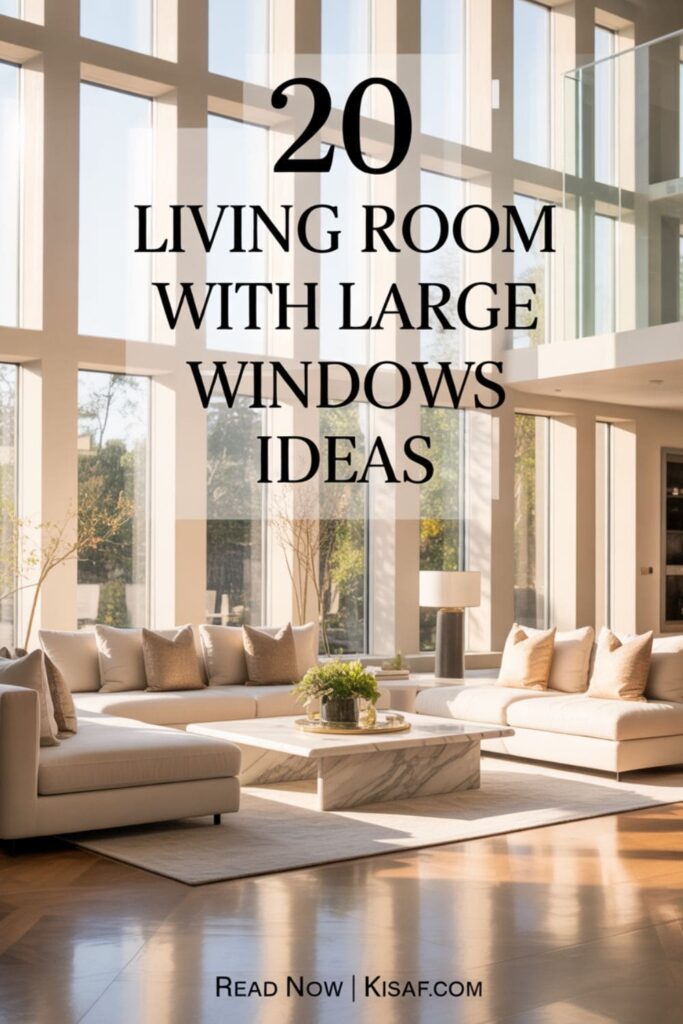 a pinterest style image with a text overlay _20 Living Room With Large Windows Ideas_, and _Read Now _ Kisaf.com_ at the bottom