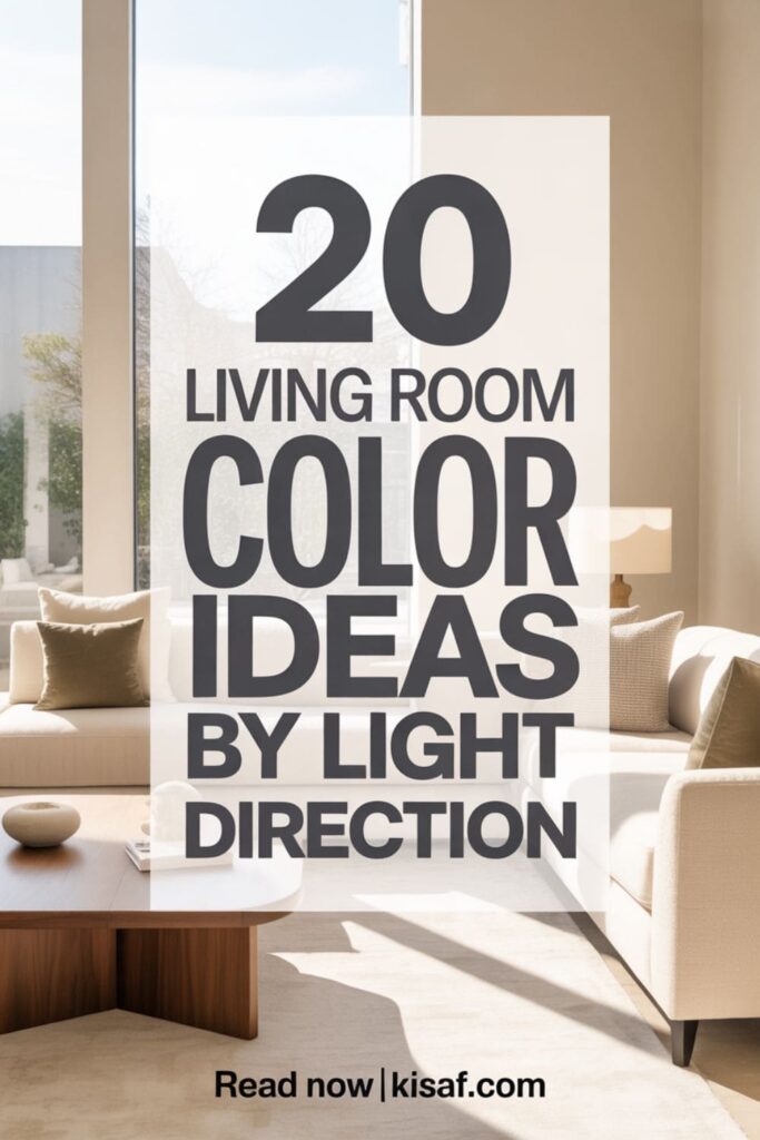 a pinterest style image with a text overlay _20 living room color ideas by light direction_ and _Read Now _ Kisaf.com_ at the bottom