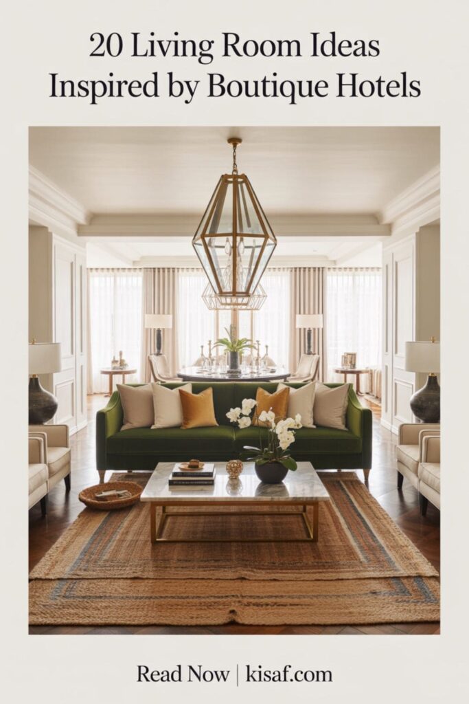 a pinterest style image with a text overlay _20 living room inspired by boutique hotels_, and _Read Now _ Kisaf.com_ at the bottom