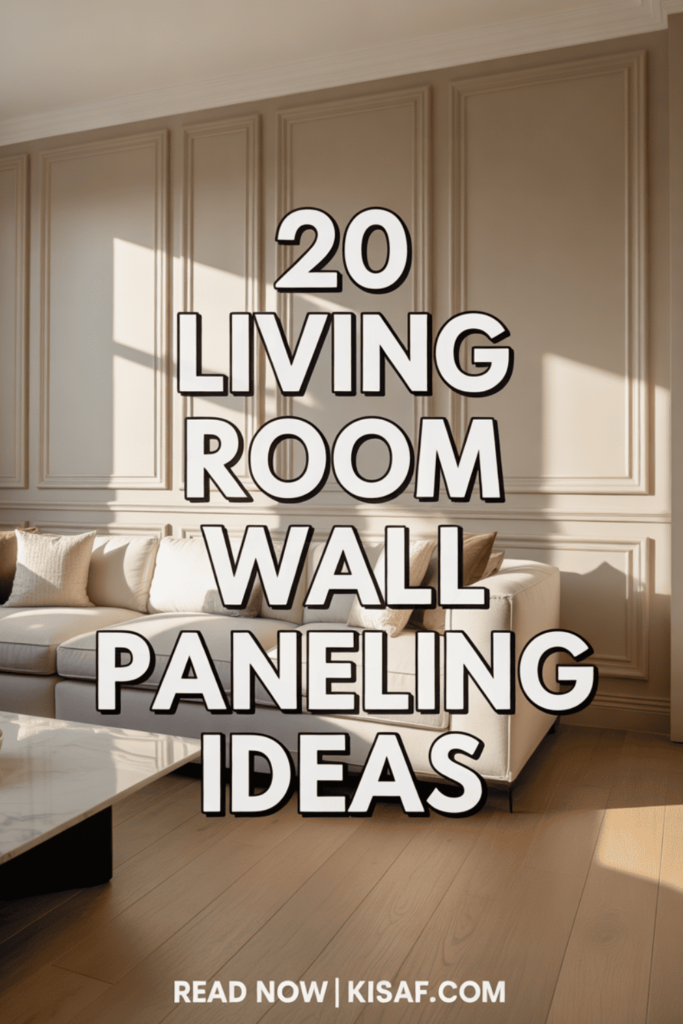 a pinterest style image with a text overlay _20 living room wall paneling ideas._ and _Read Now _ Kisaf.com_ at the bottom