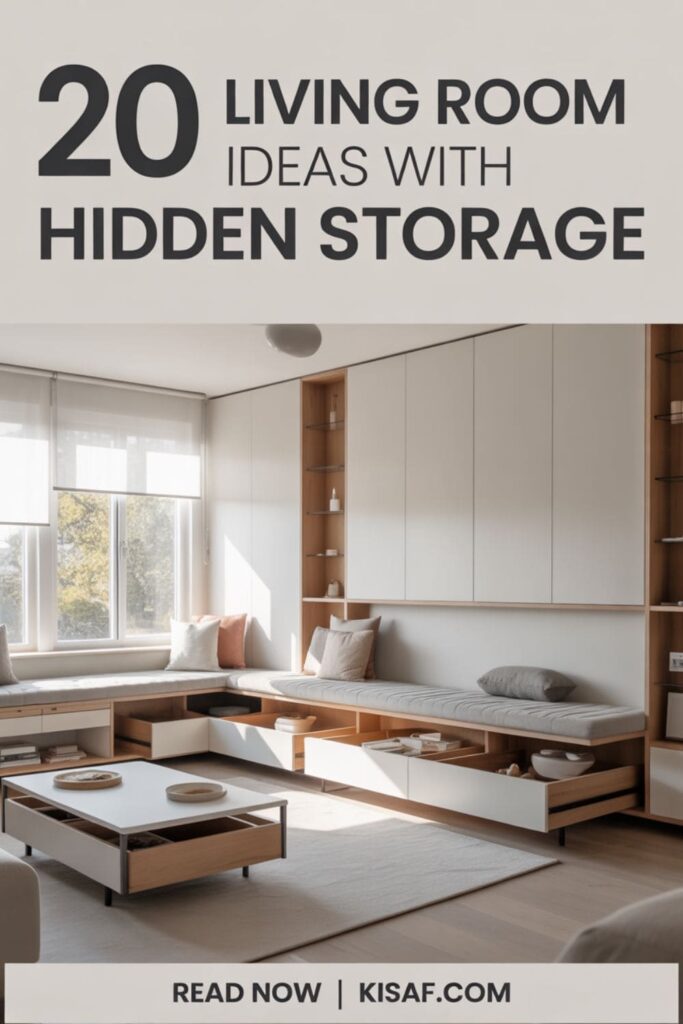 pinterest style image with a text overlay _20 living room ideas with hidden storage. _, and _Read Now _ Kisaf.com_ at the bottom