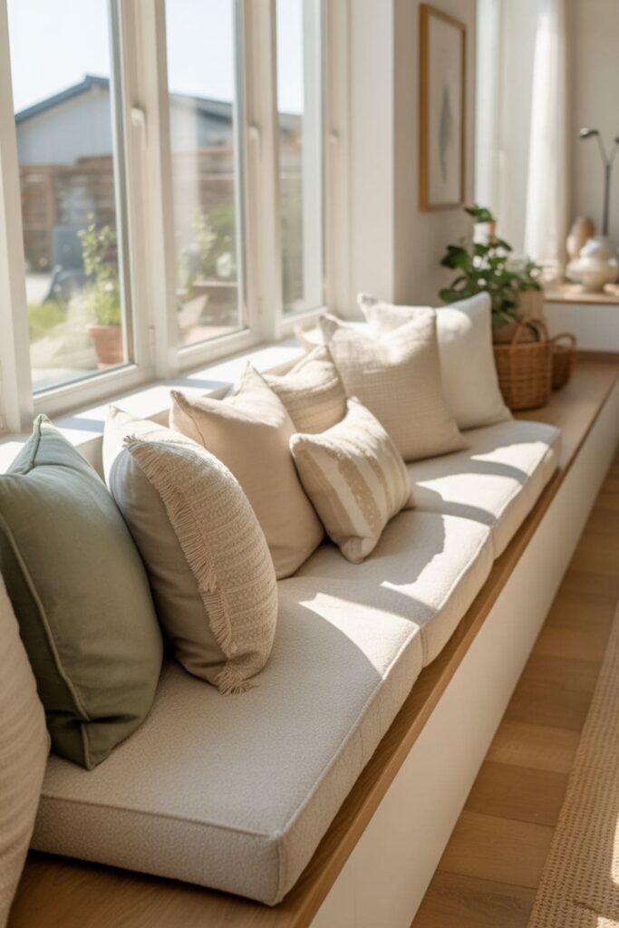 Built-in window bench seating with cushions in a bright living room
