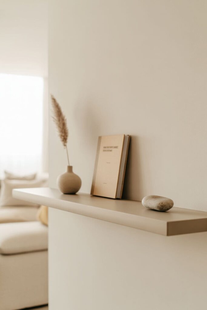 Clean, minimal living room shelves edited to remove unnecessary decor