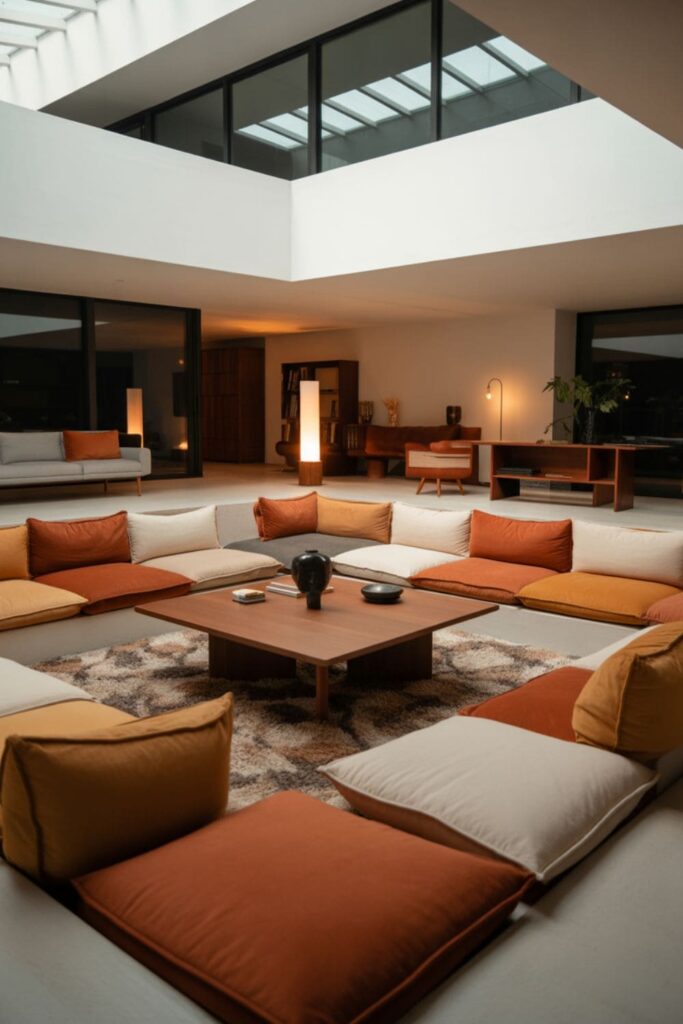 Conversation pit seating with low chairs and cushions in living room