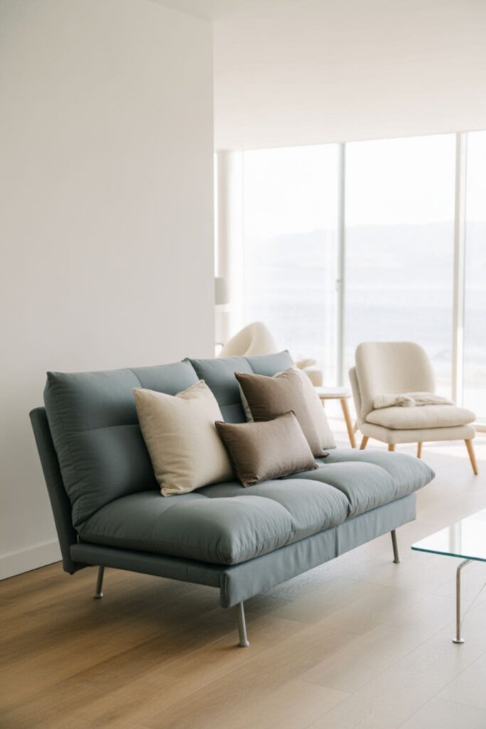 Convertible futon used as seating and guest bed in living room