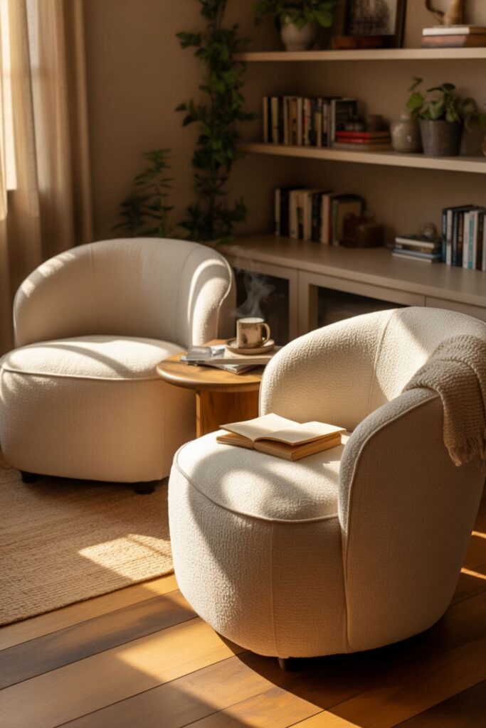 Cozy barrel chairs placed in a living room reading corner