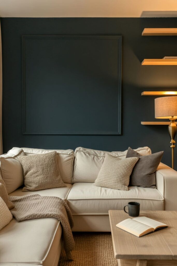 Cozy living room with matte finish accent wall in a neutral color palette