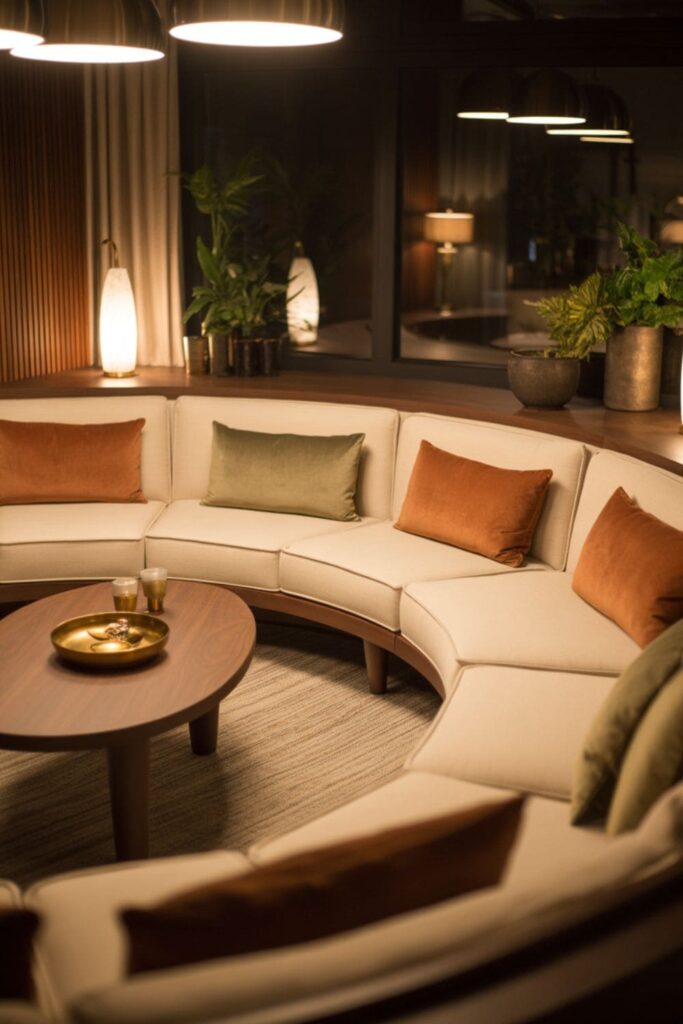 Curved booth seating arranged around a coffee table in living room