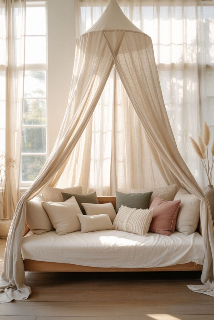 Daybed with canopy styled as living room seating alternative