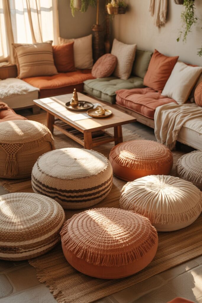 Floor seating with cushions and poufs in a relaxed living room layout