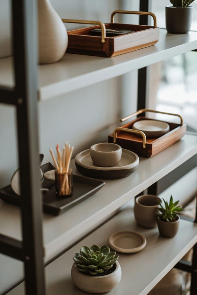 Functional everyday items styled beautifully on living room shelves