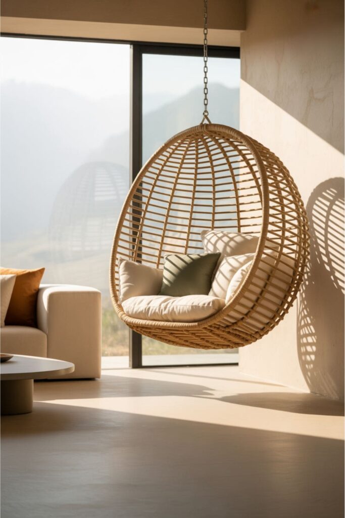 Hanging egg chair used as statement seating in living room corner