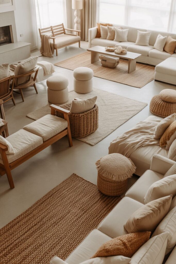 Layered living room seating with chairs, bench, and poufs