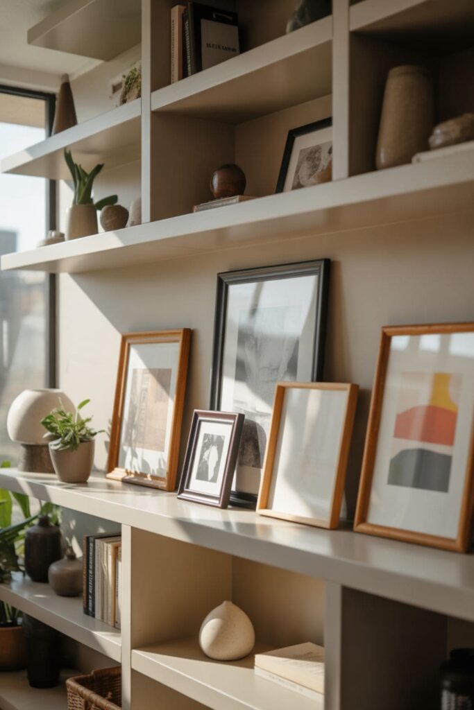 Leaning picture frames layered on living room shelves for a relaxed look