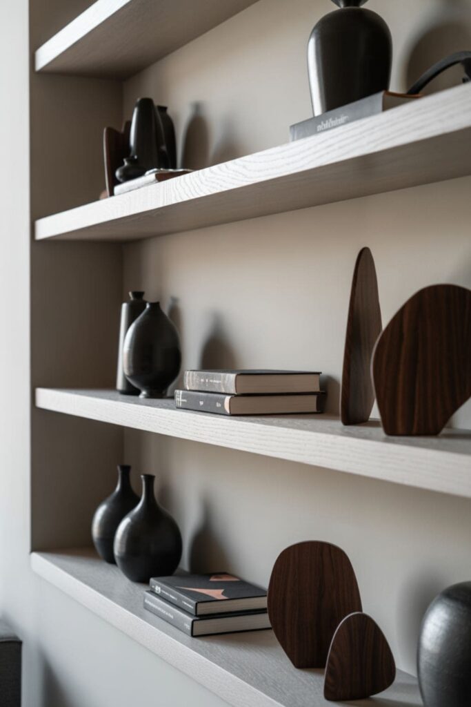 Light living room shelves grounded with dark decor accents