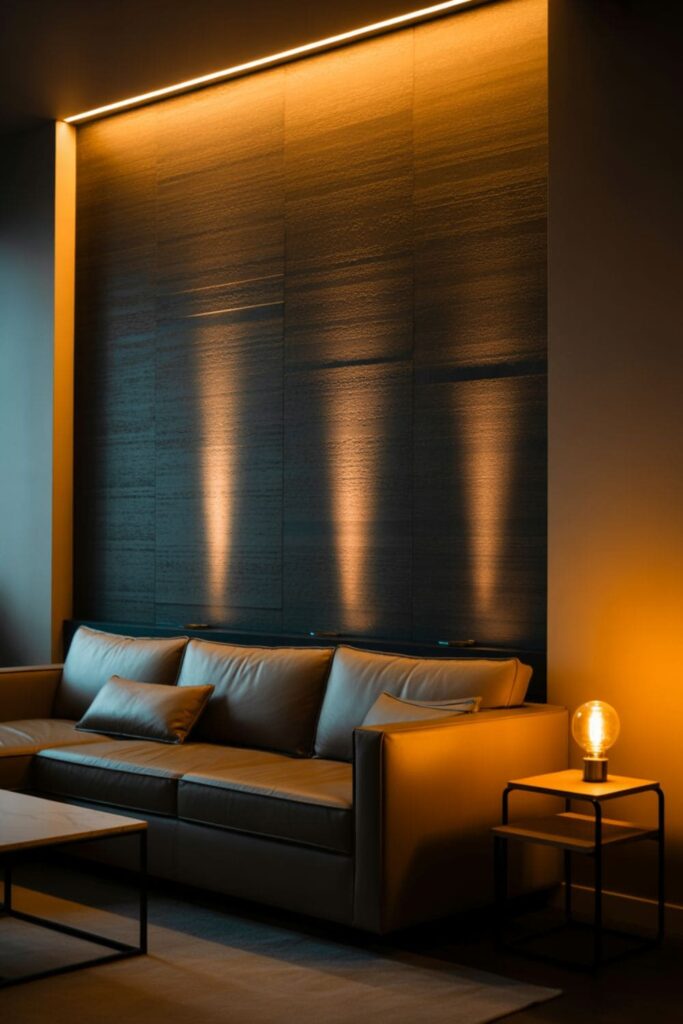 Living room accent wall highlighted with soft LED lighting for depth and mood