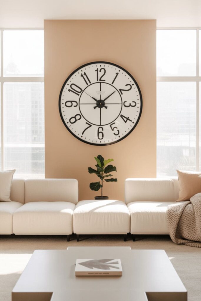 Living room accent wall styled with a large statement clock as the focal point