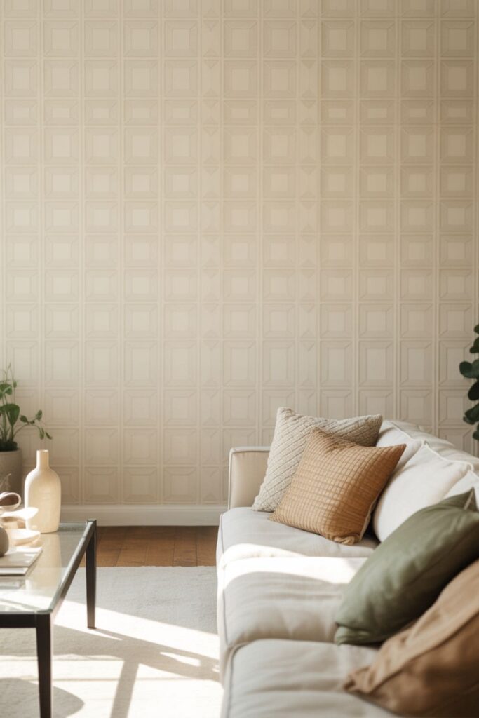 Living room featuring a subtle patterned wallpaper accent wall in neutral tones