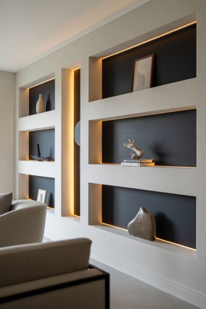 Living room featuring painted wall niches used as a subtle accent wall