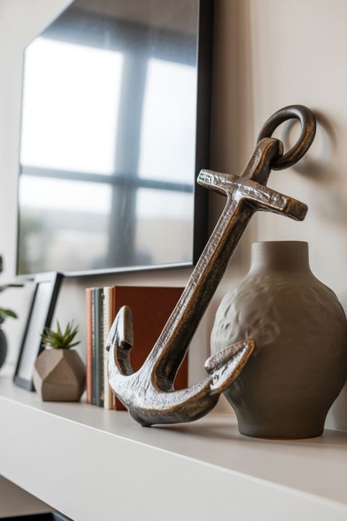 Living room shelf anchored with one large statement decor piece