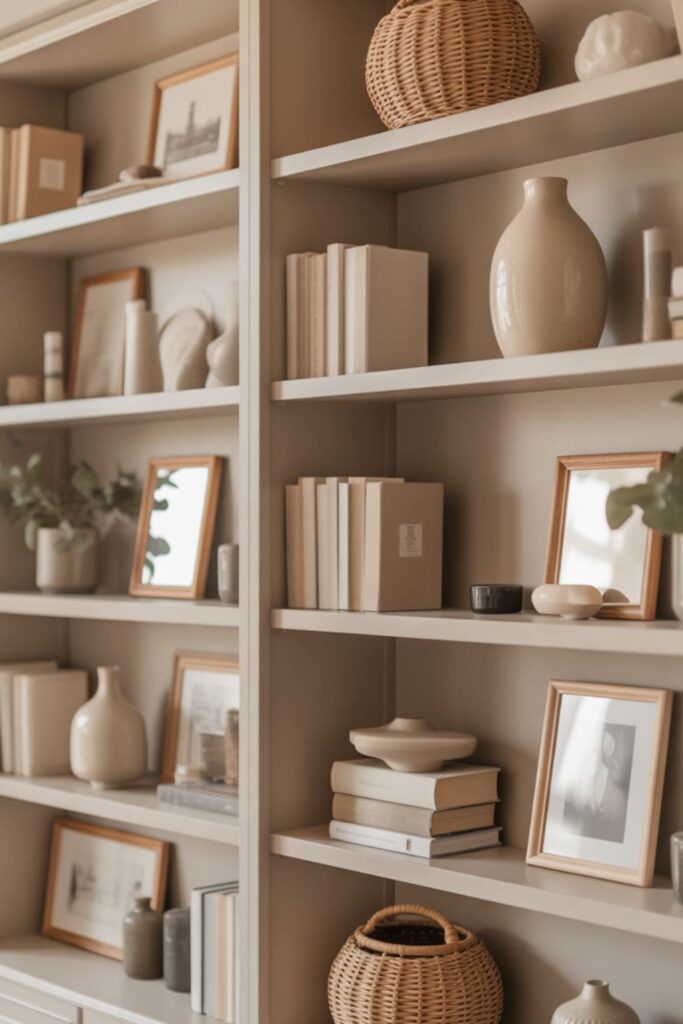 Living room shelf styling using a soft neutral color palette with warm accents