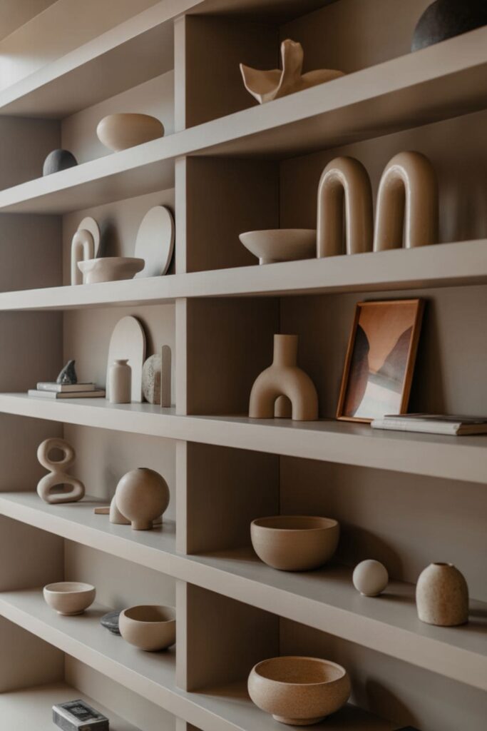Living room shelves styled with curved decor to break straight lines