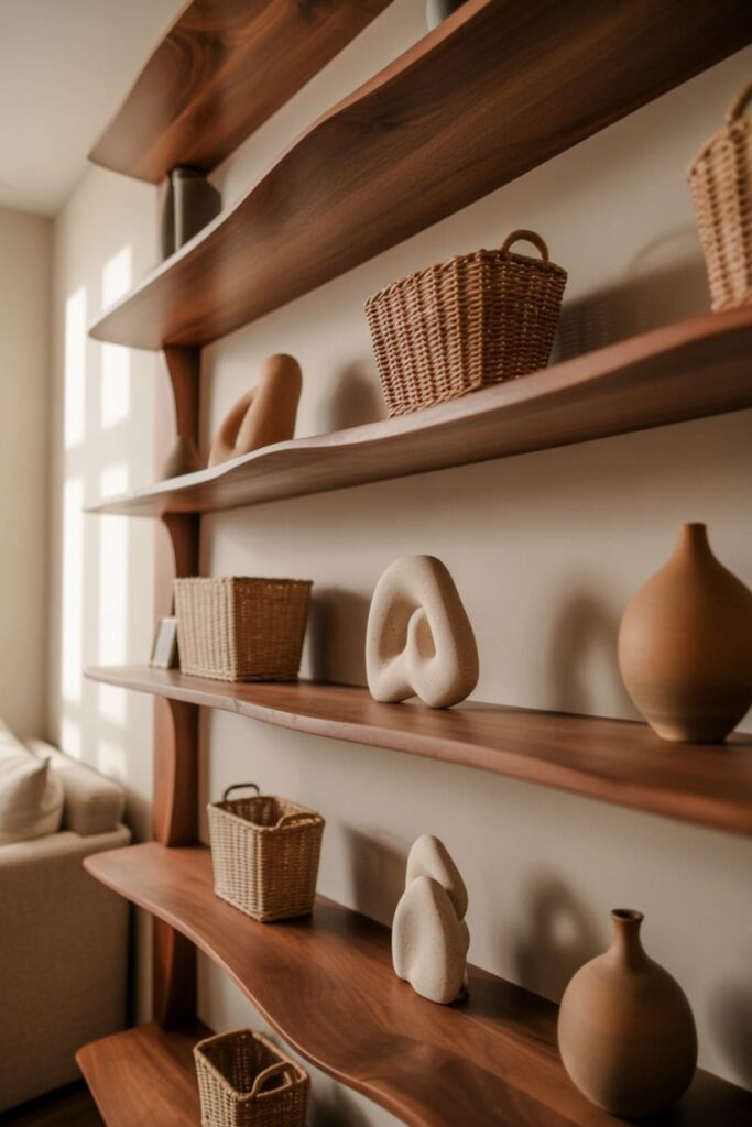 Living room shelves styled with natural materials like wood and stone