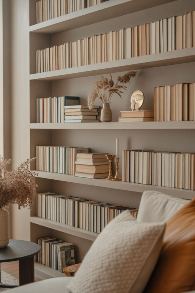 Living room shelves styled with stacked and vertical books for visual balance