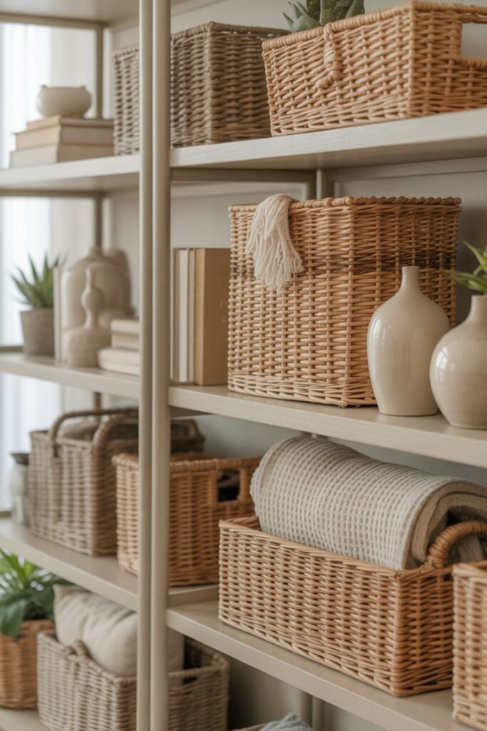 Living room shelves styled with woven baskets for warmth and texture