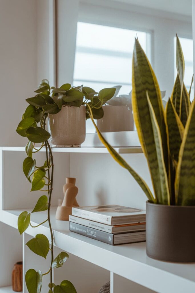 Living room shelves with limited greenery and carefully placed plants