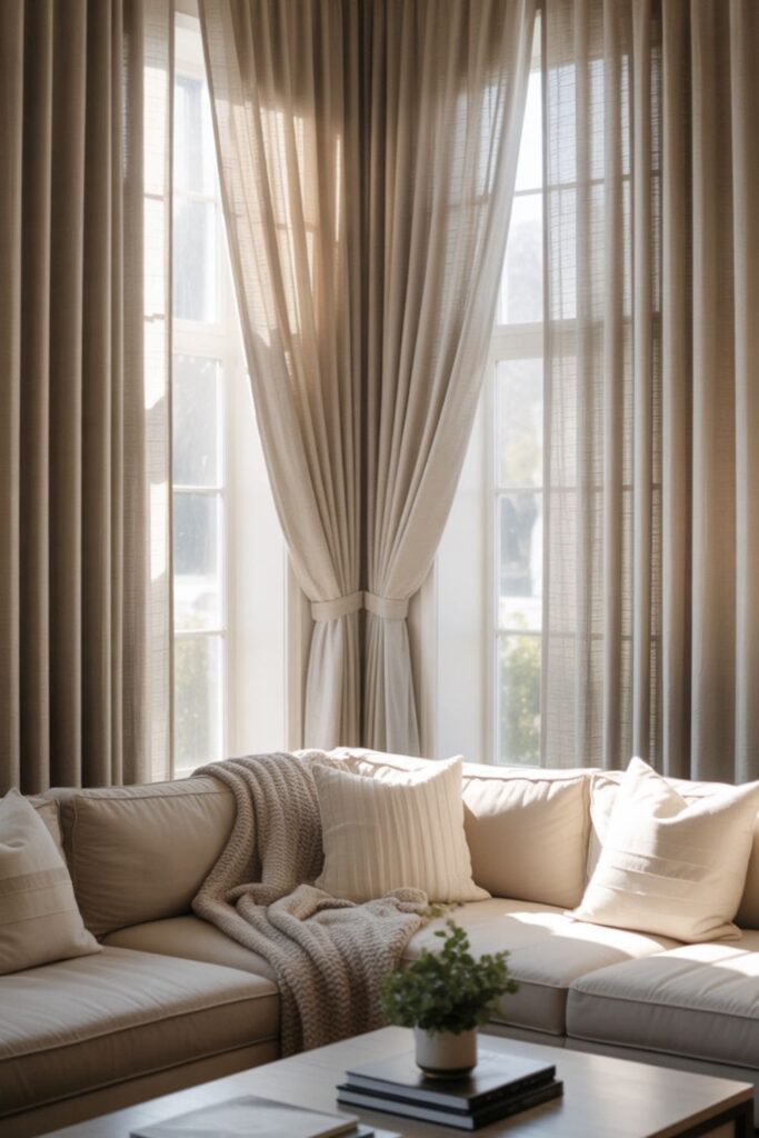 Living room using floor-to-ceiling curtains as a soft accent wall behind seating