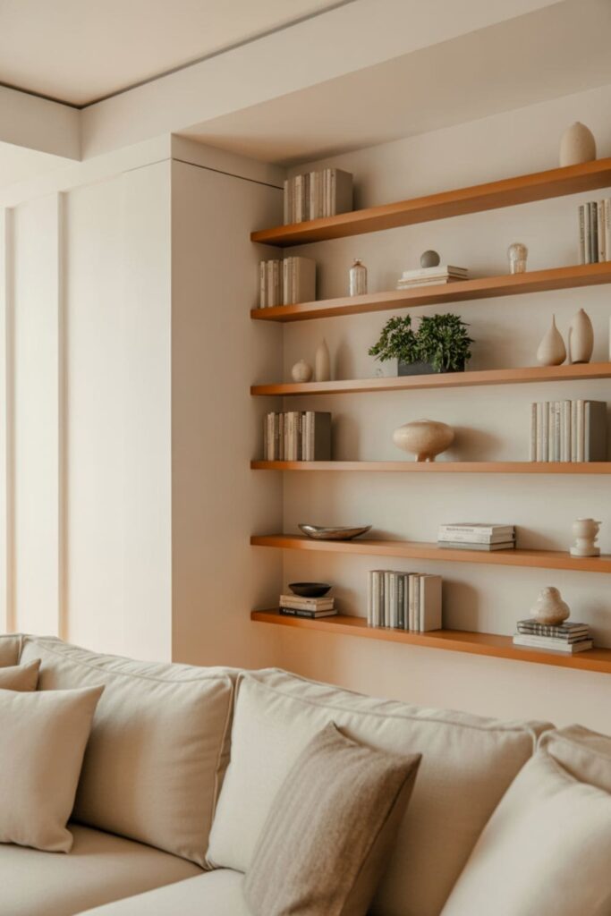 Living room with large floating shelves styled as a functional accent wall