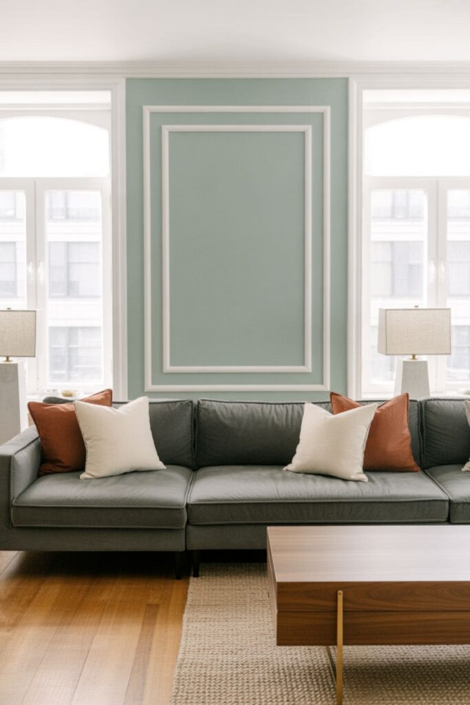 Living room with painted frame borders creating a simple accent wall design