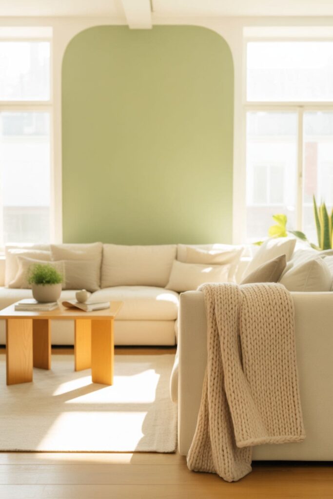 Living room with pastel accent wall creating a light and inviting atmosphere