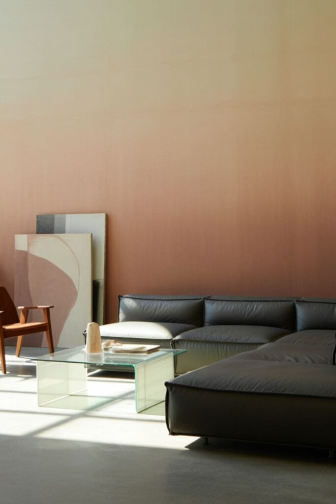Living room with soft ombre accent wall transitioning between calming tones