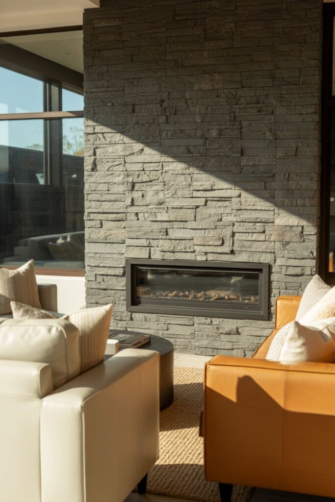 Living room with stone or faux stone accent wall behind the fireplace