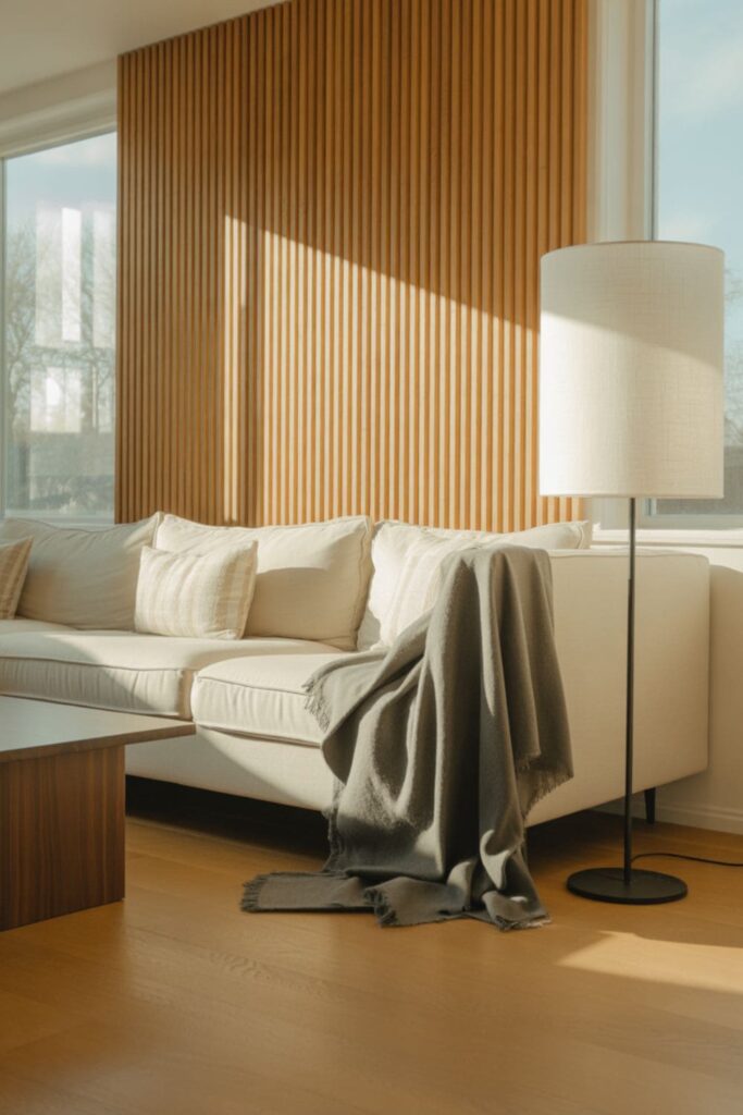 Living room with vertical wood slat accent wall adding warmth and texture