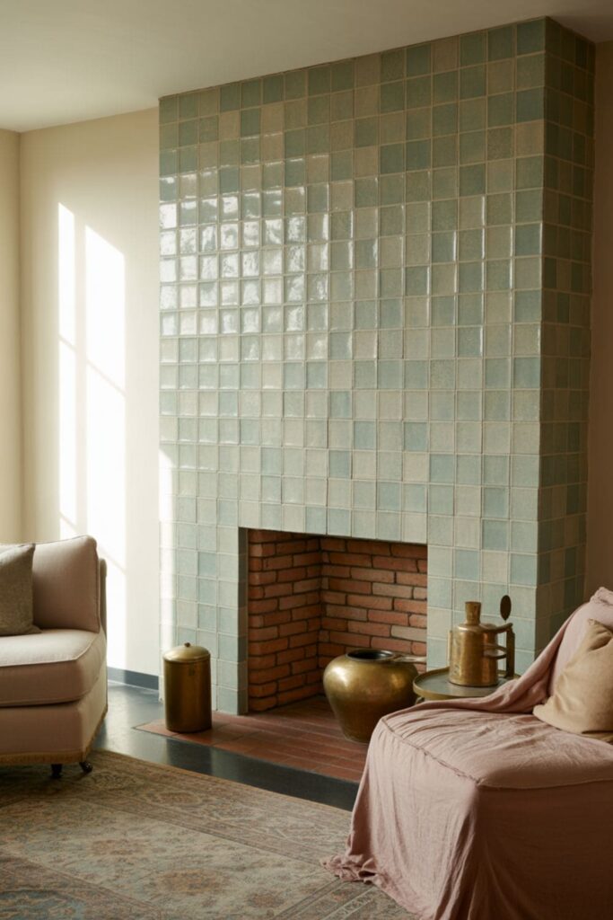 Living room with vintage tile accent wall adding texture and character