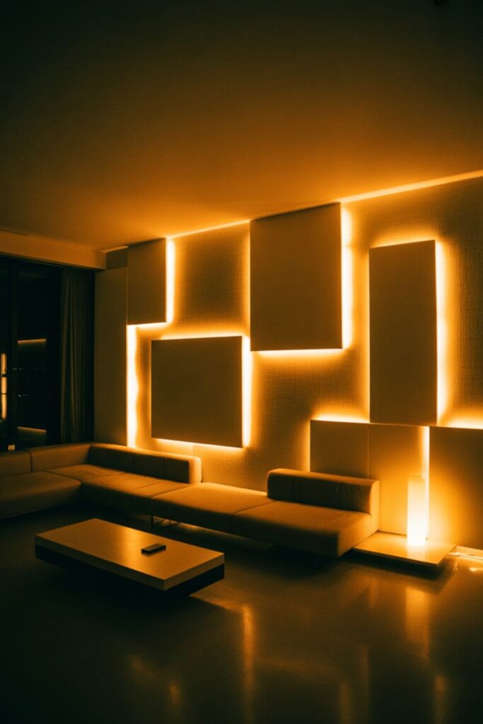 Living room with warm backlit accent wall panels for evening ambiance