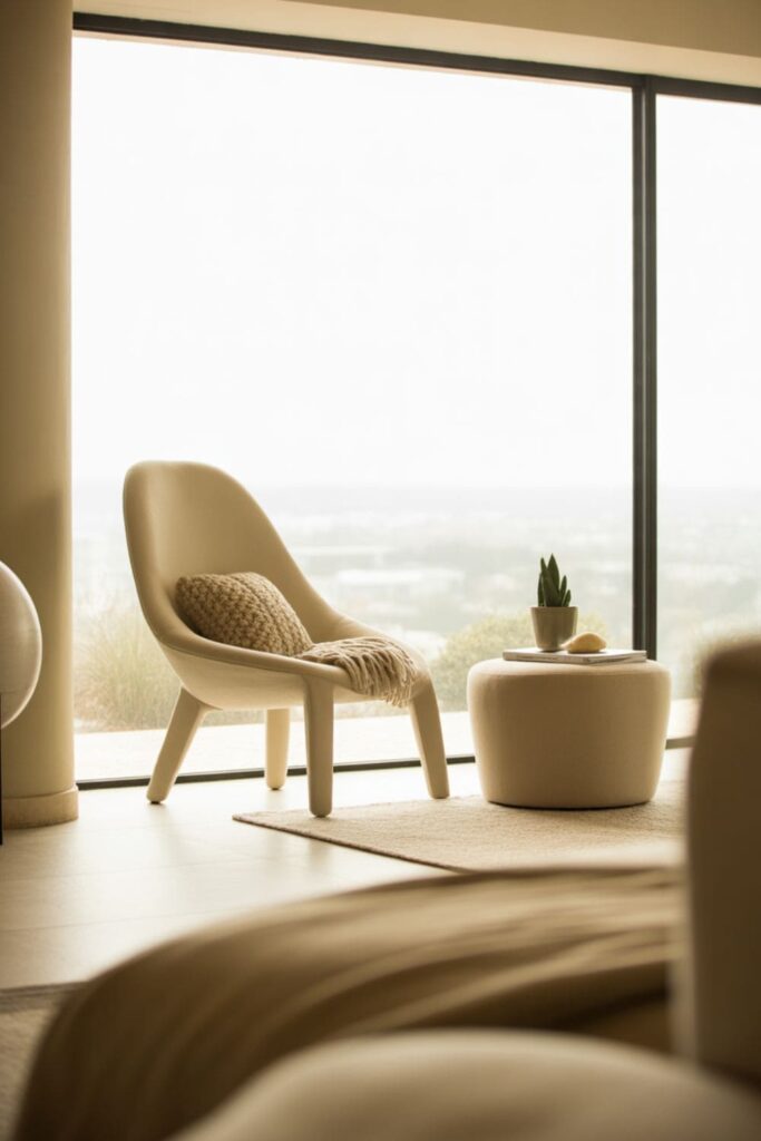 Lounge chair with ottoman used as main seating in a modern living room