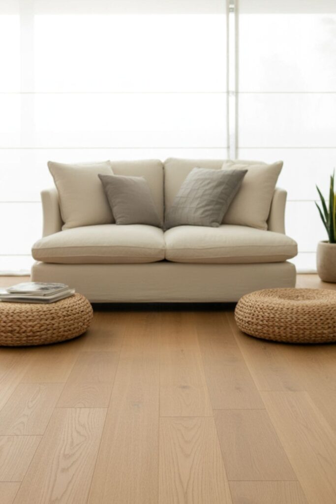 Low lounge loveseat paired with ottomans in a minimalist living room