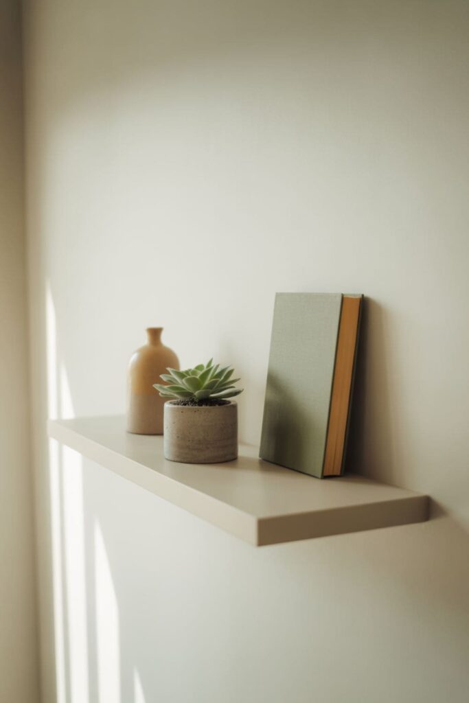 Minimal living room shelves with fewer decor items and open negative space
