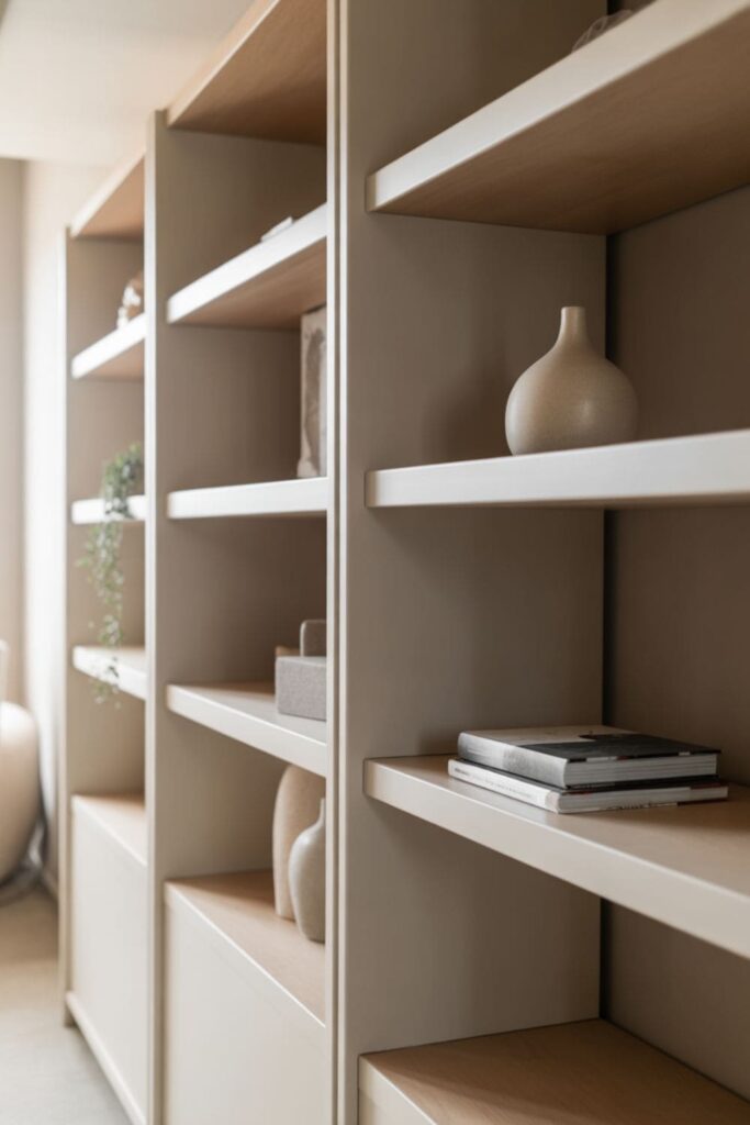 Minimal shelf styling with intentional empty corners in a living room