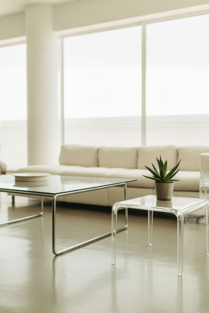 Minimalist living room featuring a glass coffee table that enhances the airy atmosphere