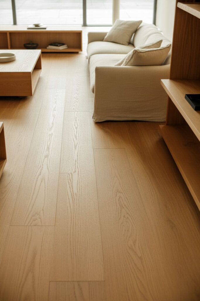 Minimalist living room featuring light oak wood accents repeated throughout the space