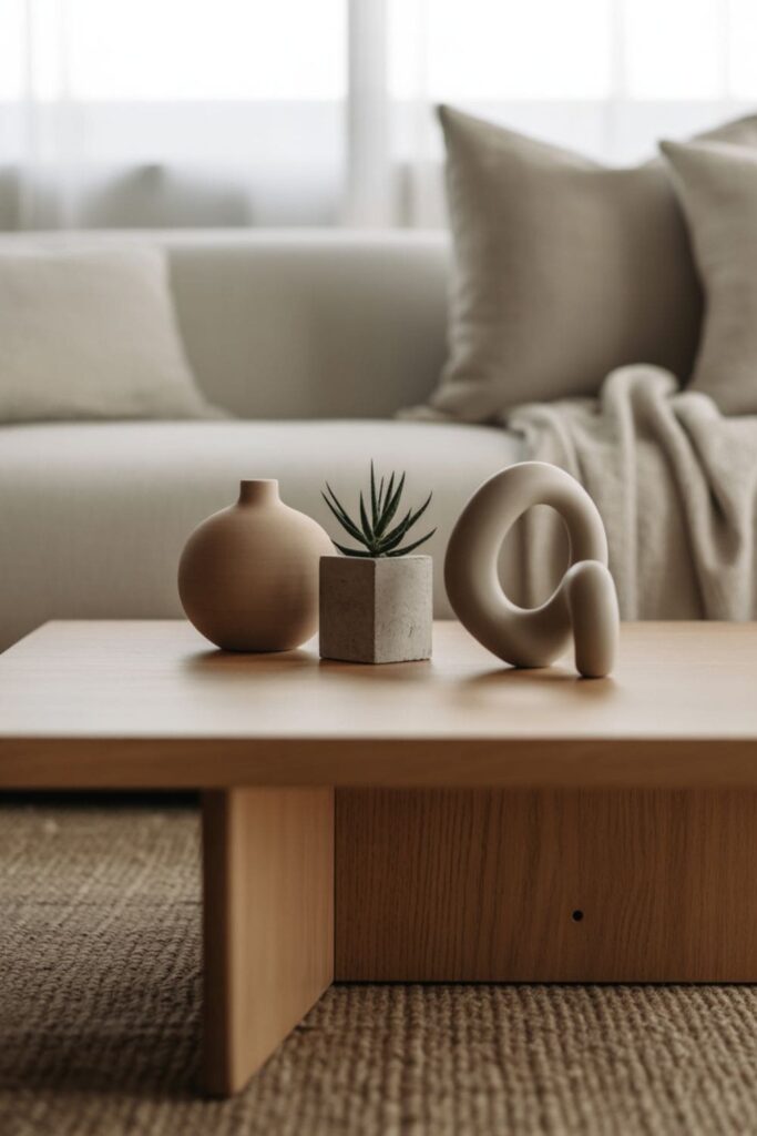 Minimalist living room styled with three decorative objects arranged on a simple coffee table